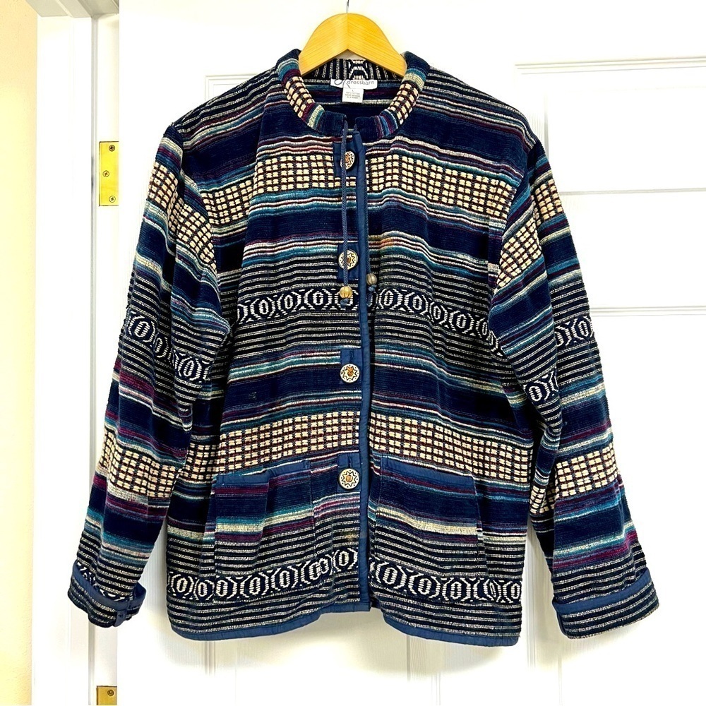 Dress barn Flashback Southwest Tapestry Chenille 3D texture Jacket Navy women L